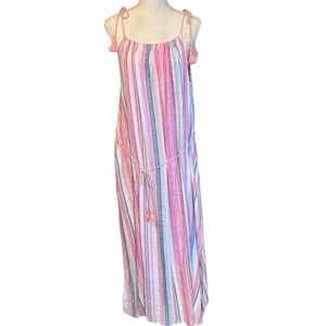 Striped Linen Maxi Dress | Size Large (12-14) | Pockets | 52” Long